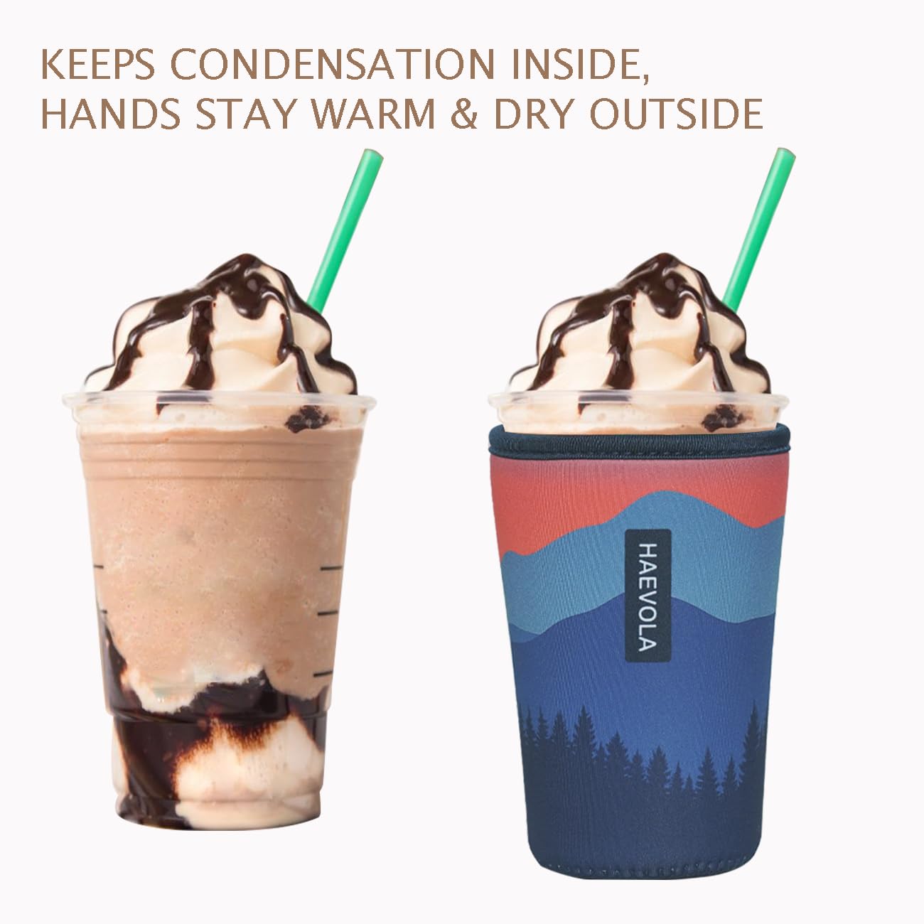 Haevola Mountain Hush sleeve keeps iced coffee comfortable during travel.