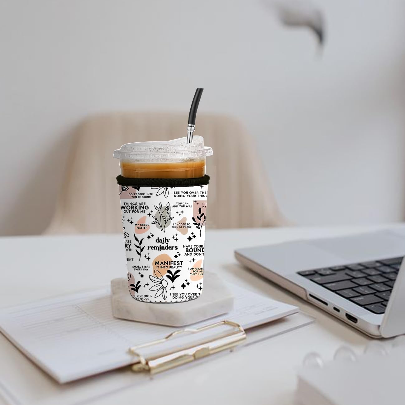 Haevola neoprene sleeve with boba tea design protects hands from condensation on the go.