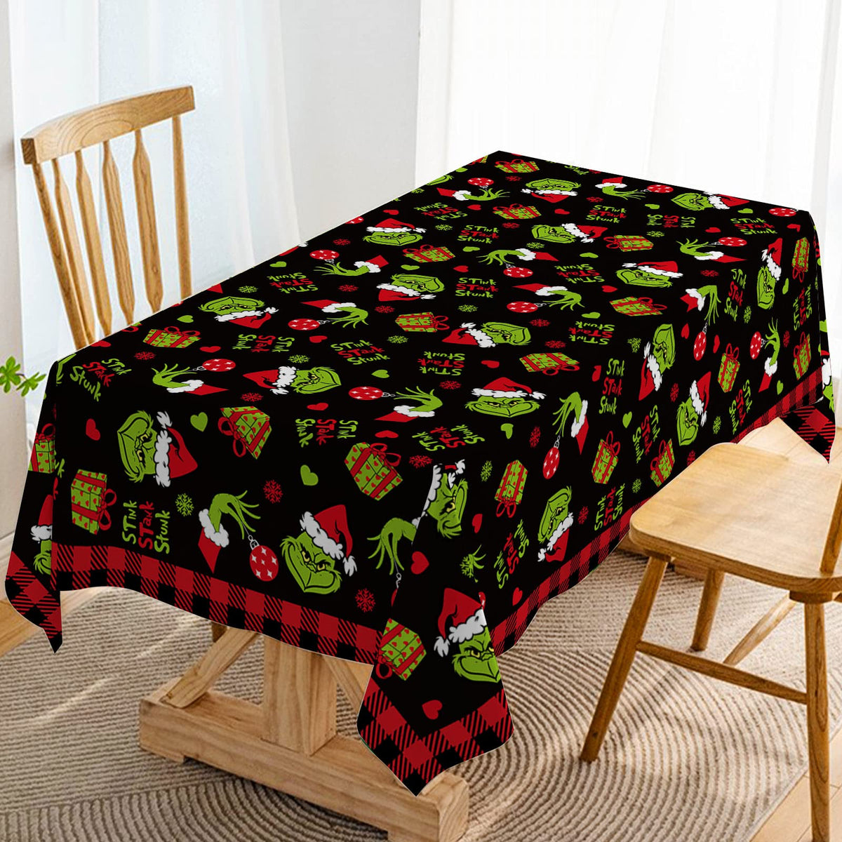 Hafangry Merry Christmas Tablecloth with green elf pattern for festive table settings.