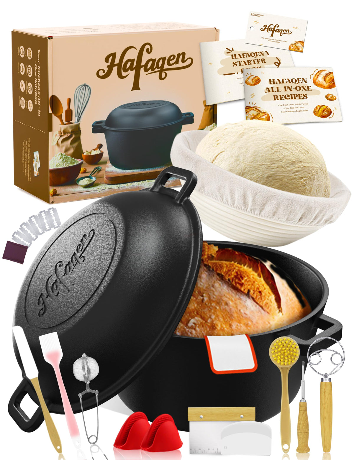 Hafaqen 5 qt cast iron Dutch oven with lid for even heat and crusty bread