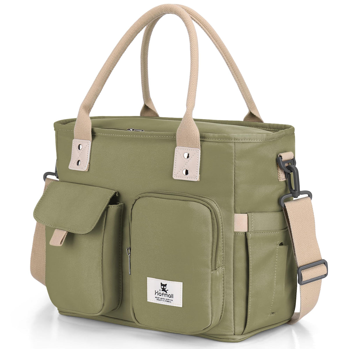Hafmall insulated lunch bag in deep green, front view showing durable exterior and compact silhouette.