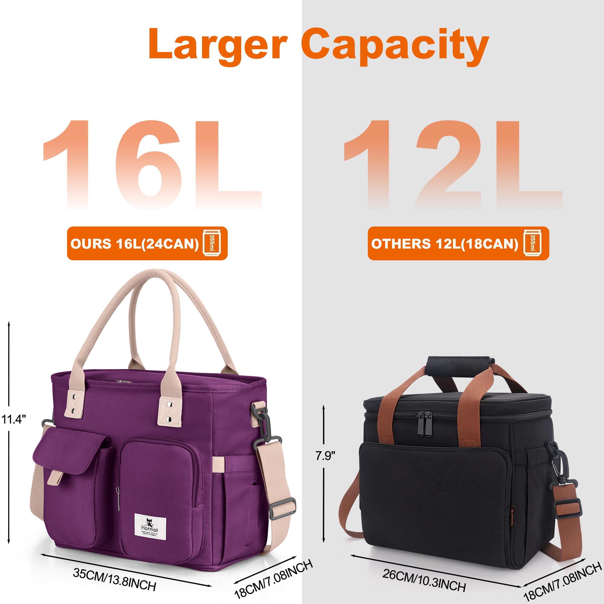 Hafmall purple lunch bag with shoulder strap for hands-free commuting.