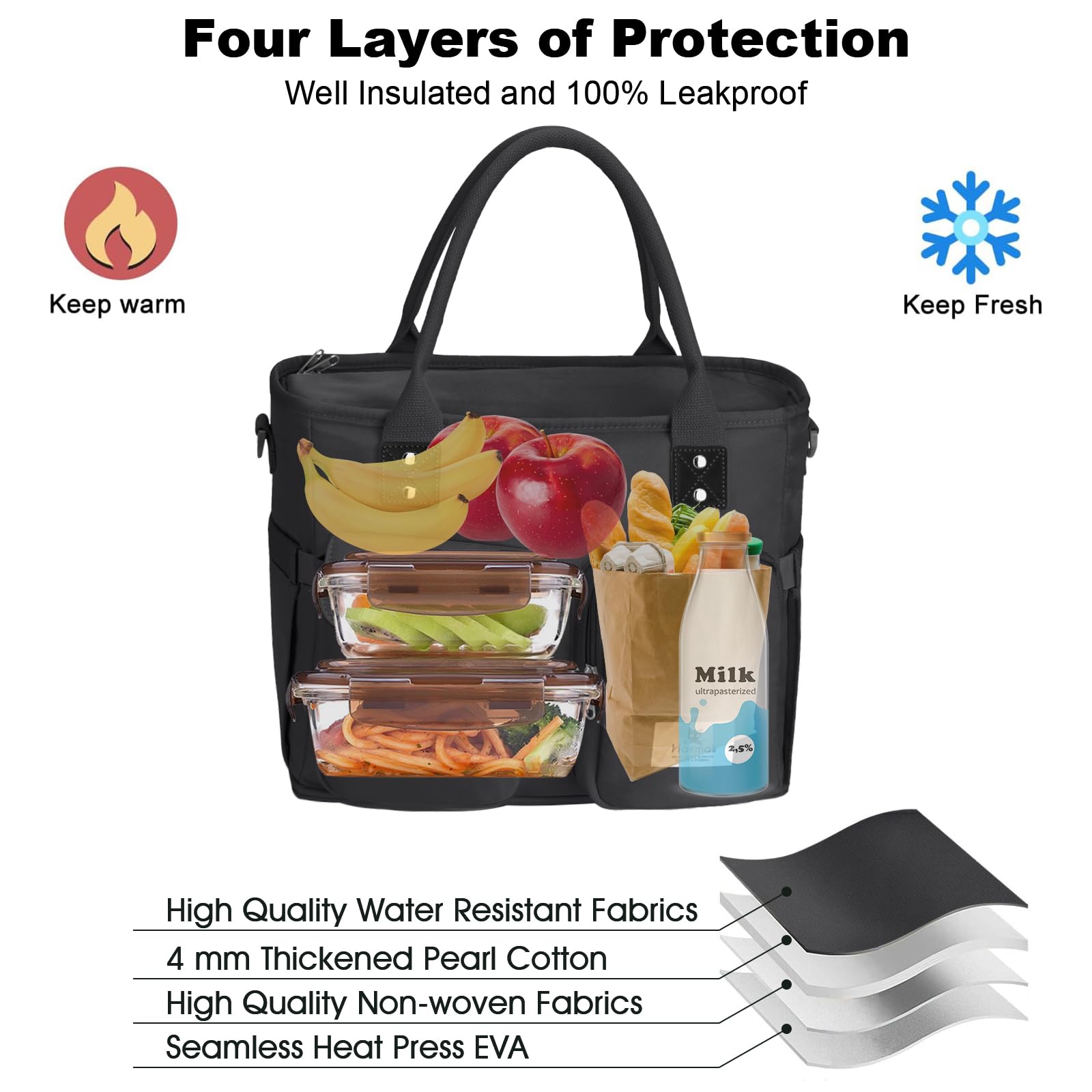 Hafmall insulated interior with PE foam keeps meals fresh.
