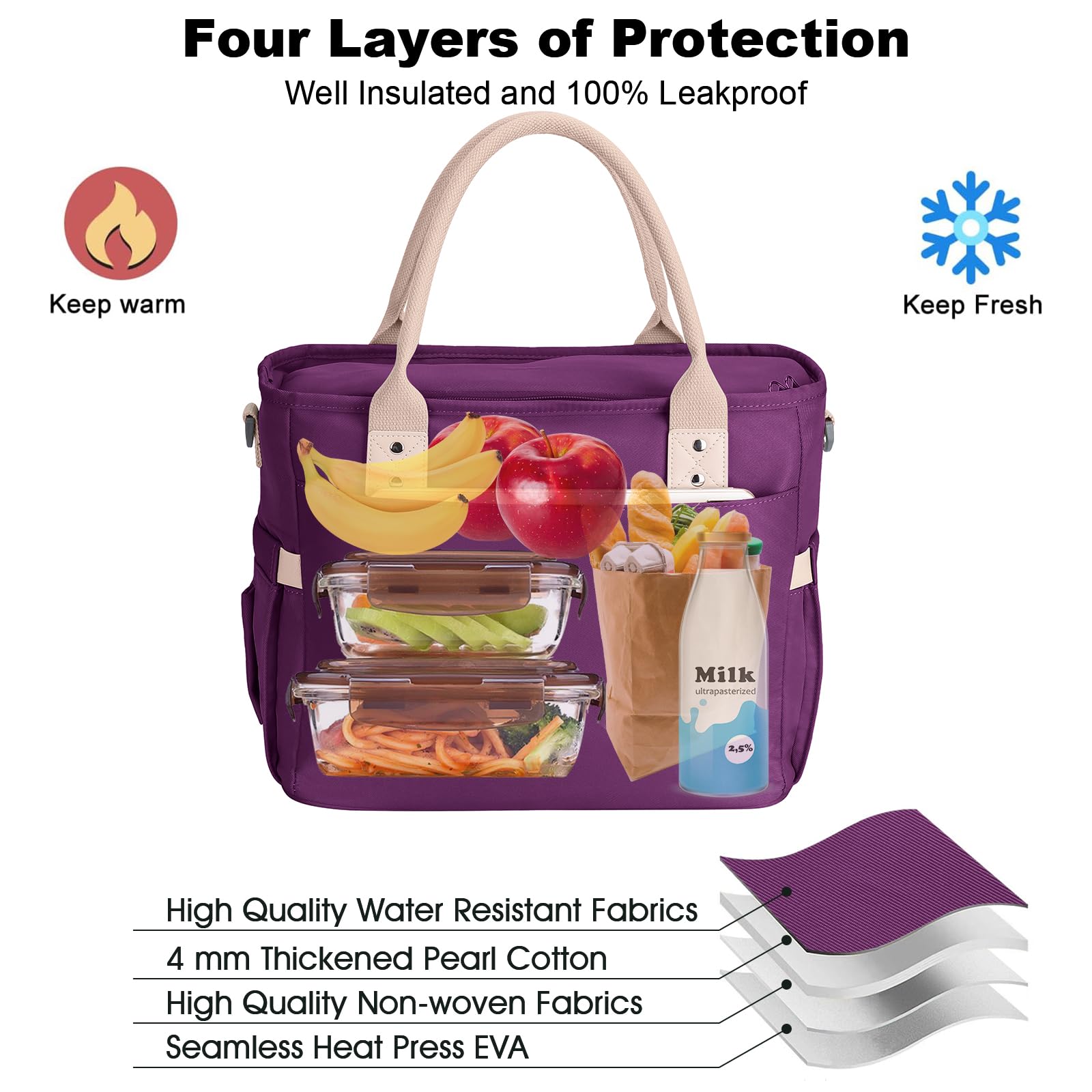 Hafmall purple lunch bag exterior pockets for organization and quick access.
