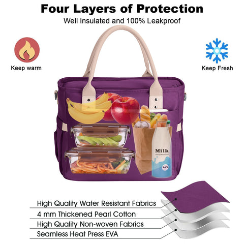 Hafmall purple lunch bag exterior pockets for organization and quick access.