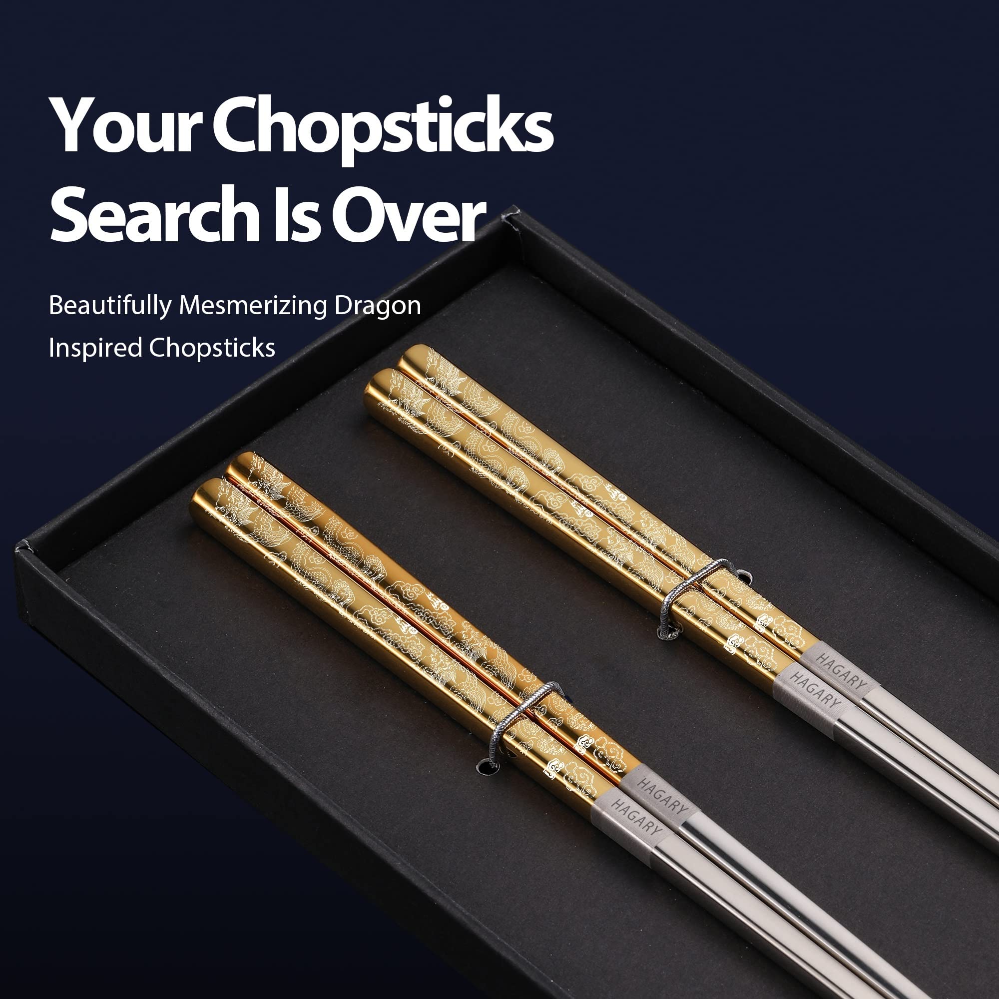 Hagary Dragon Chopsticks gold close-up engraving showing dragon detail and premium finish.