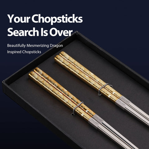 Hagary Dragon Chopsticks gold close-up engraving showing dragon detail and premium finish.