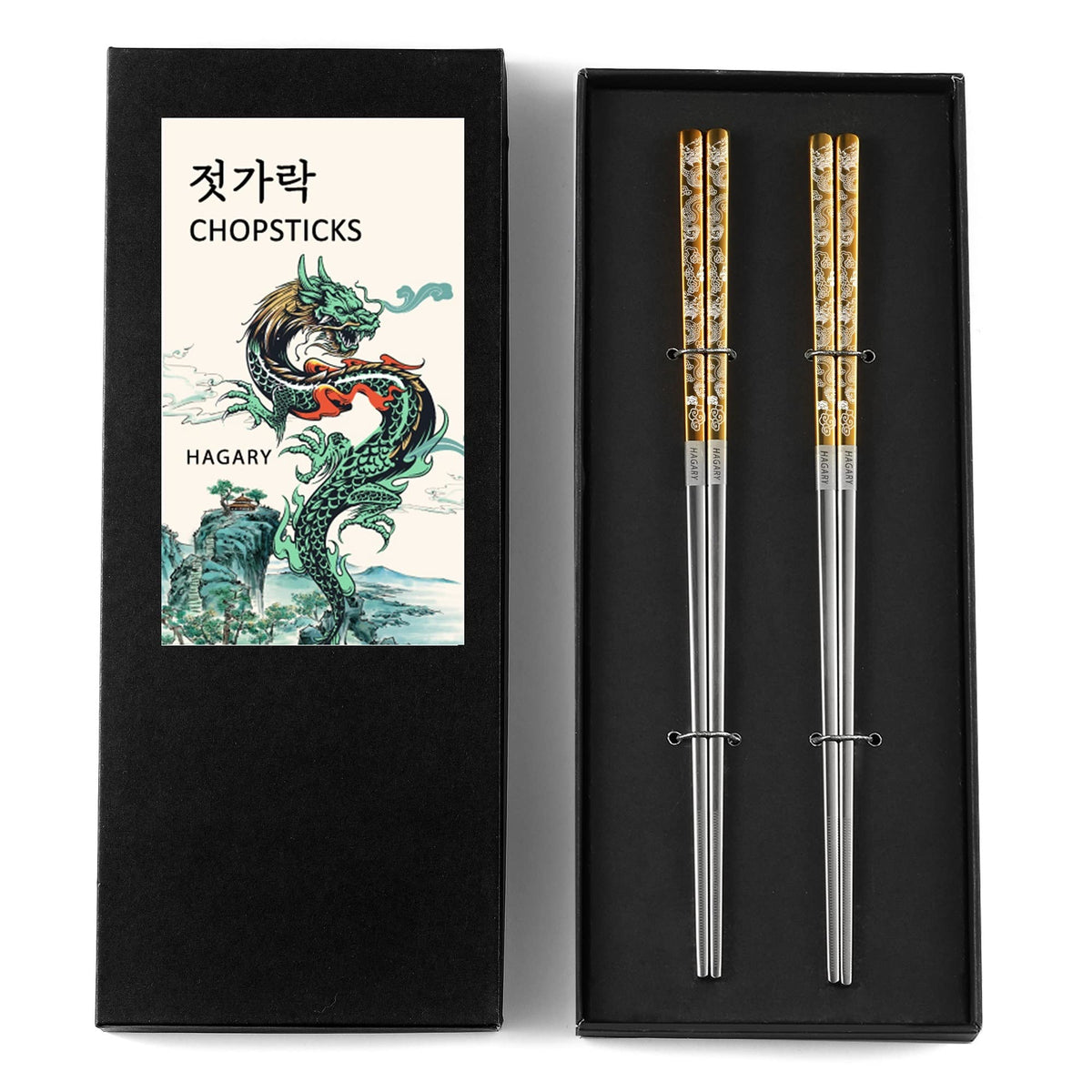Hagary Dragon Chopsticks in gold packaging, elegant and gift-ready for stylish dining.