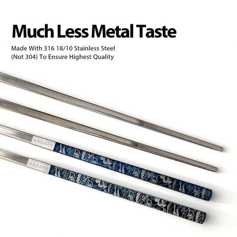 Stainless steel 316/18-10 Hagary chopsticks resist heat and corrosion during meals.