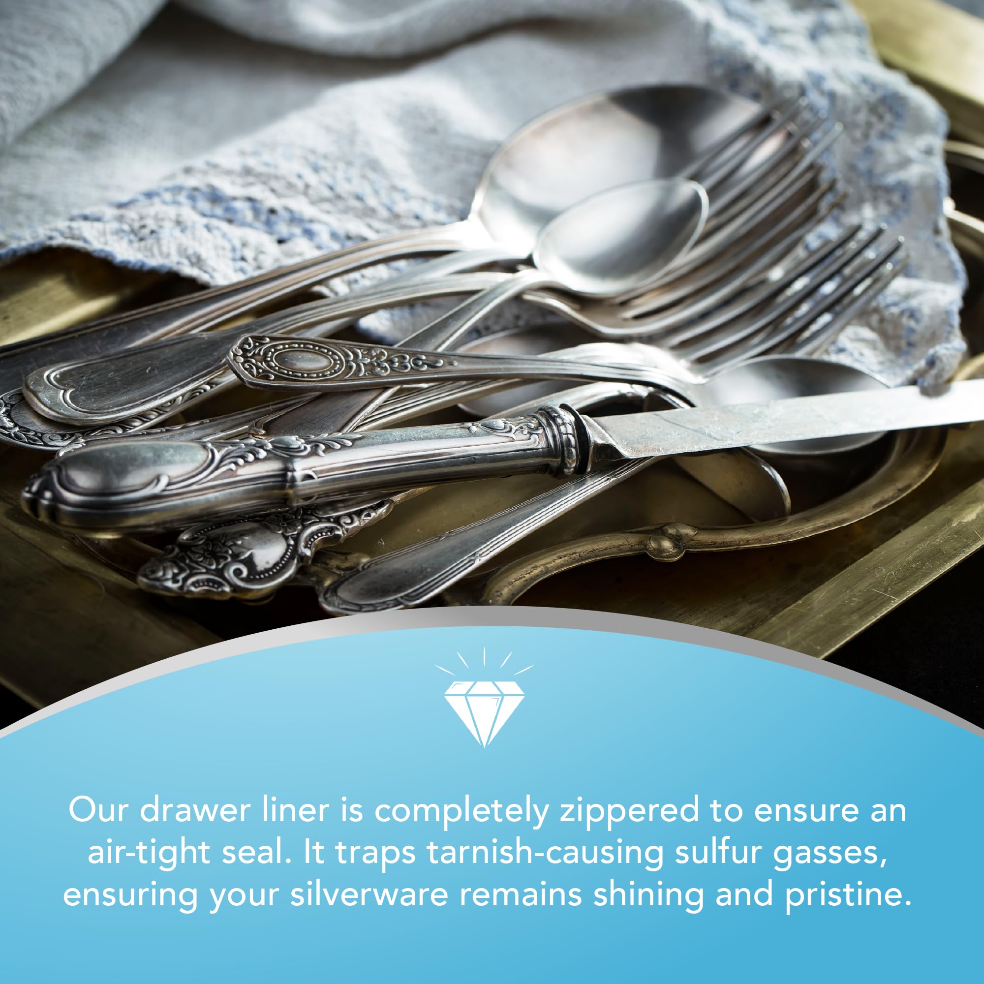 Rigid bottom and soft top protect flatware from scratches in a standard buffet drawer.
