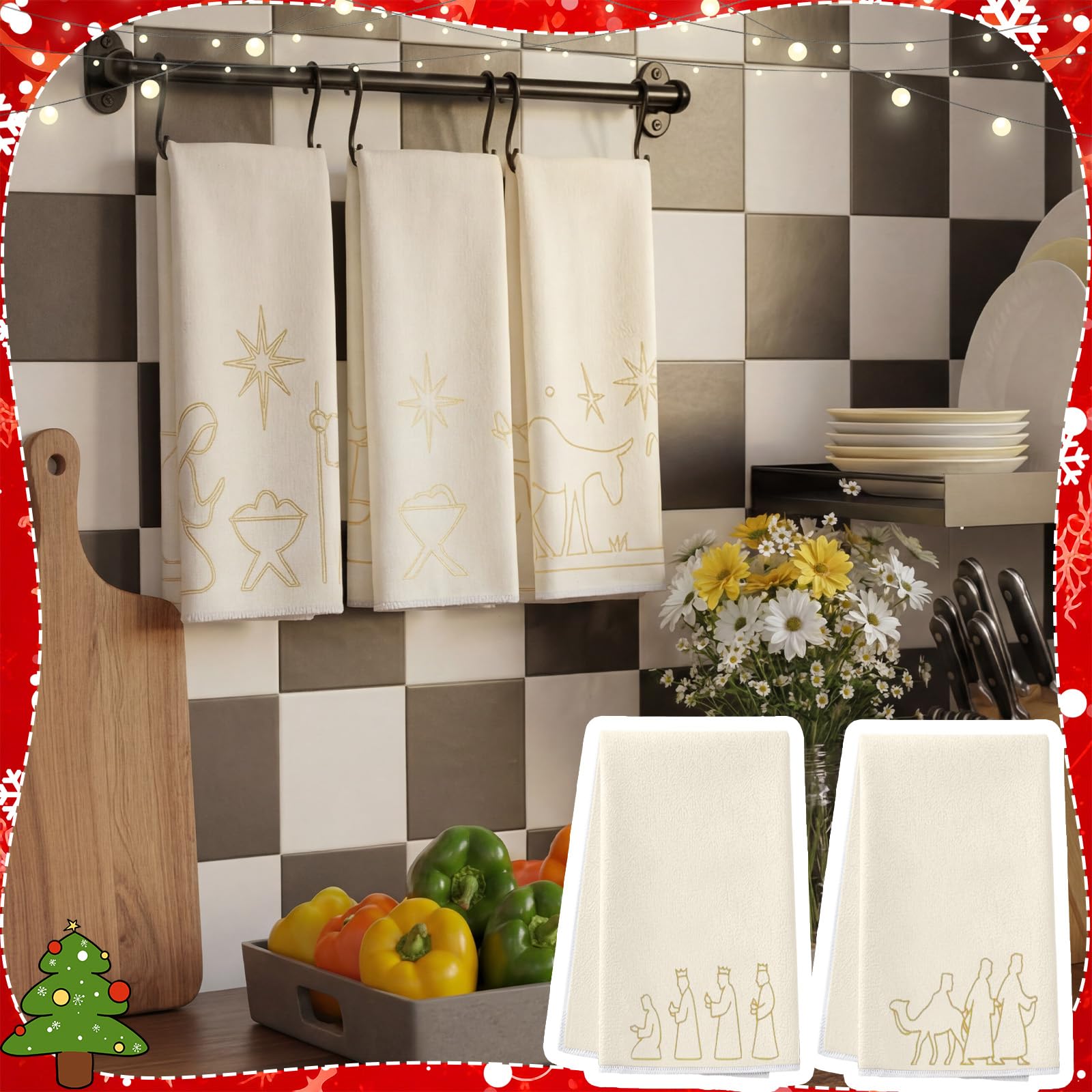 Hahafelt elegant gold and white towels brighten any winter kitchen.