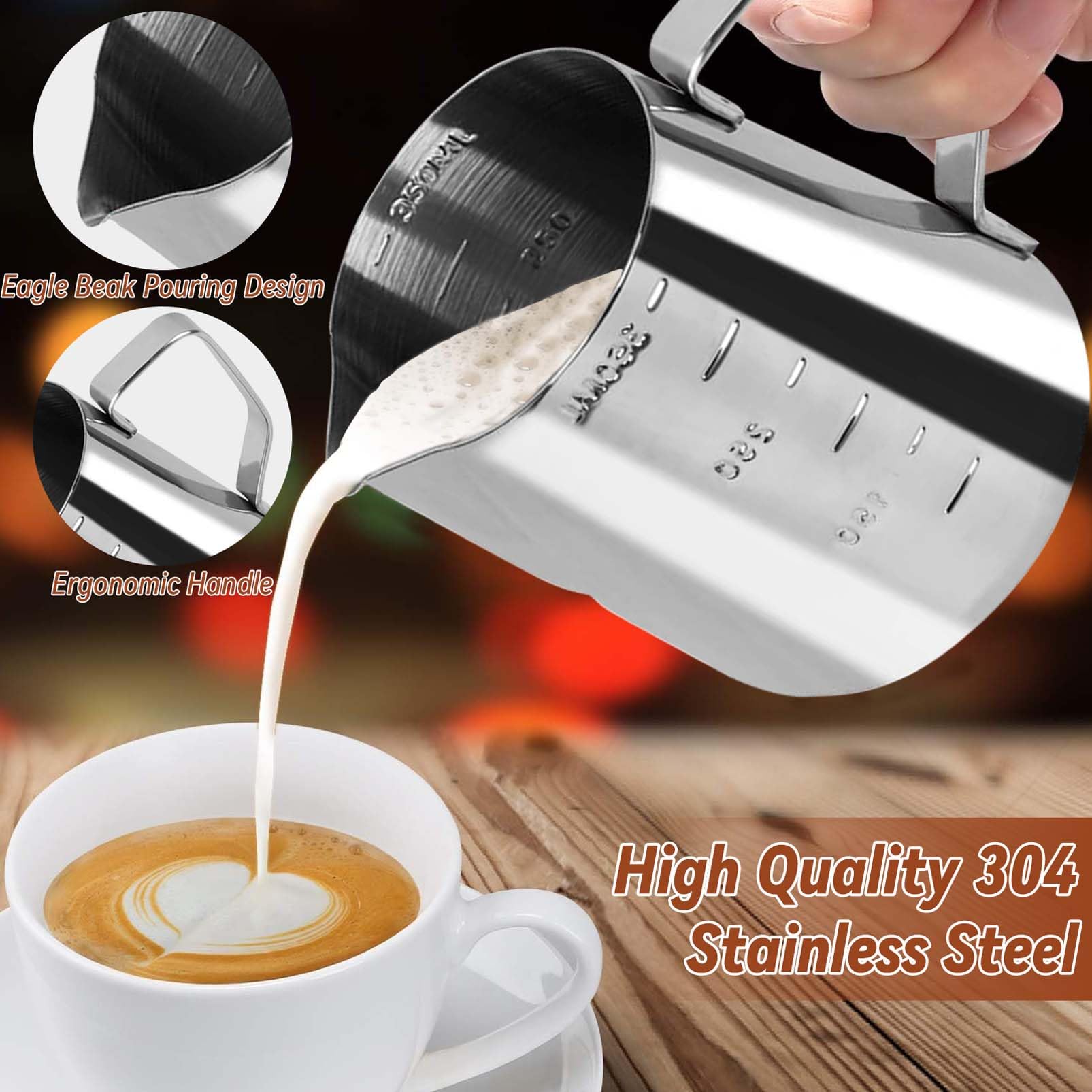 HahaGo 350ml milk frother pitcher with narrow spout to reduce spills