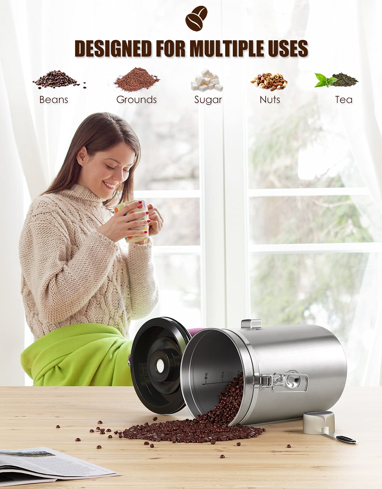 HAIOOU 304 stainless steel body with BPA-free lid supports multipurpose pantry storage
