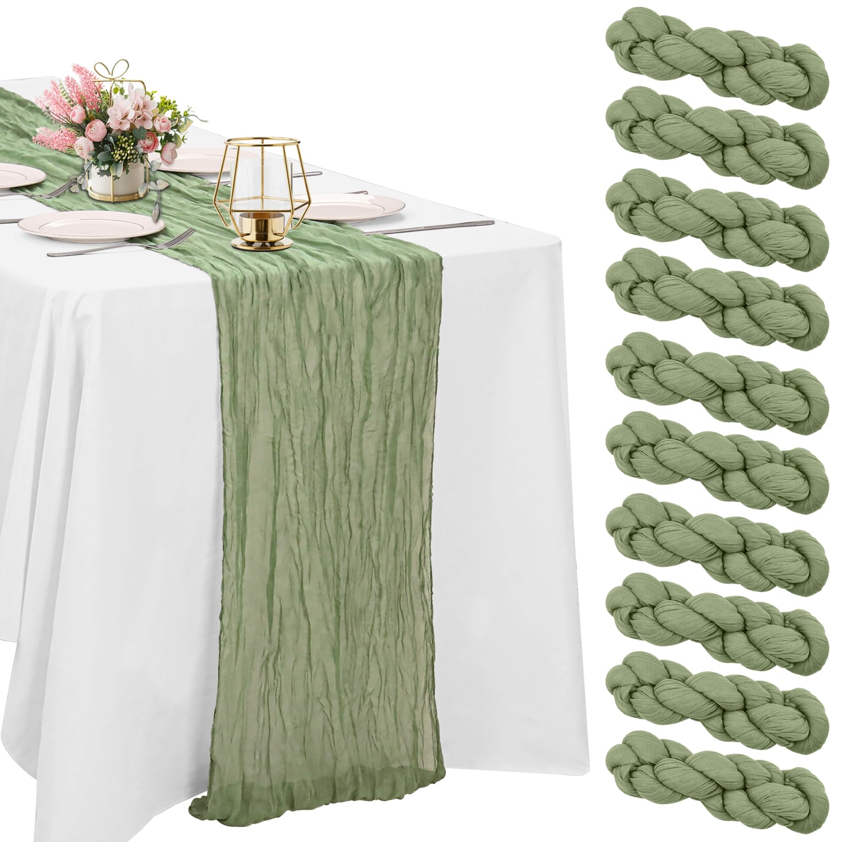 HAISIWLKJ sage green cheesecloth table runner adds rustic elegance to long tables.