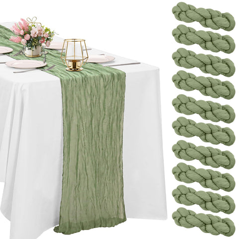 HAISIWLKJ sage green cheesecloth table runner adds rustic elegance to long tables.
