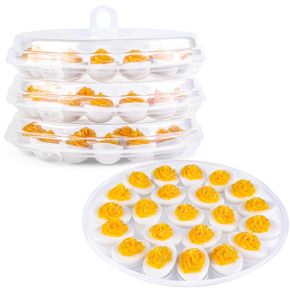 HAKSEN deviled egg container with lid three-pack keeps eggs organized and portable.