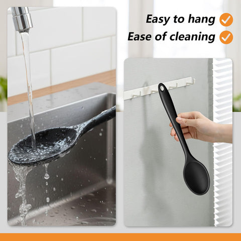 HAKSEN silicone spoons compatible with nonstick, stainless steel, ceramic, and cast iron cookware.