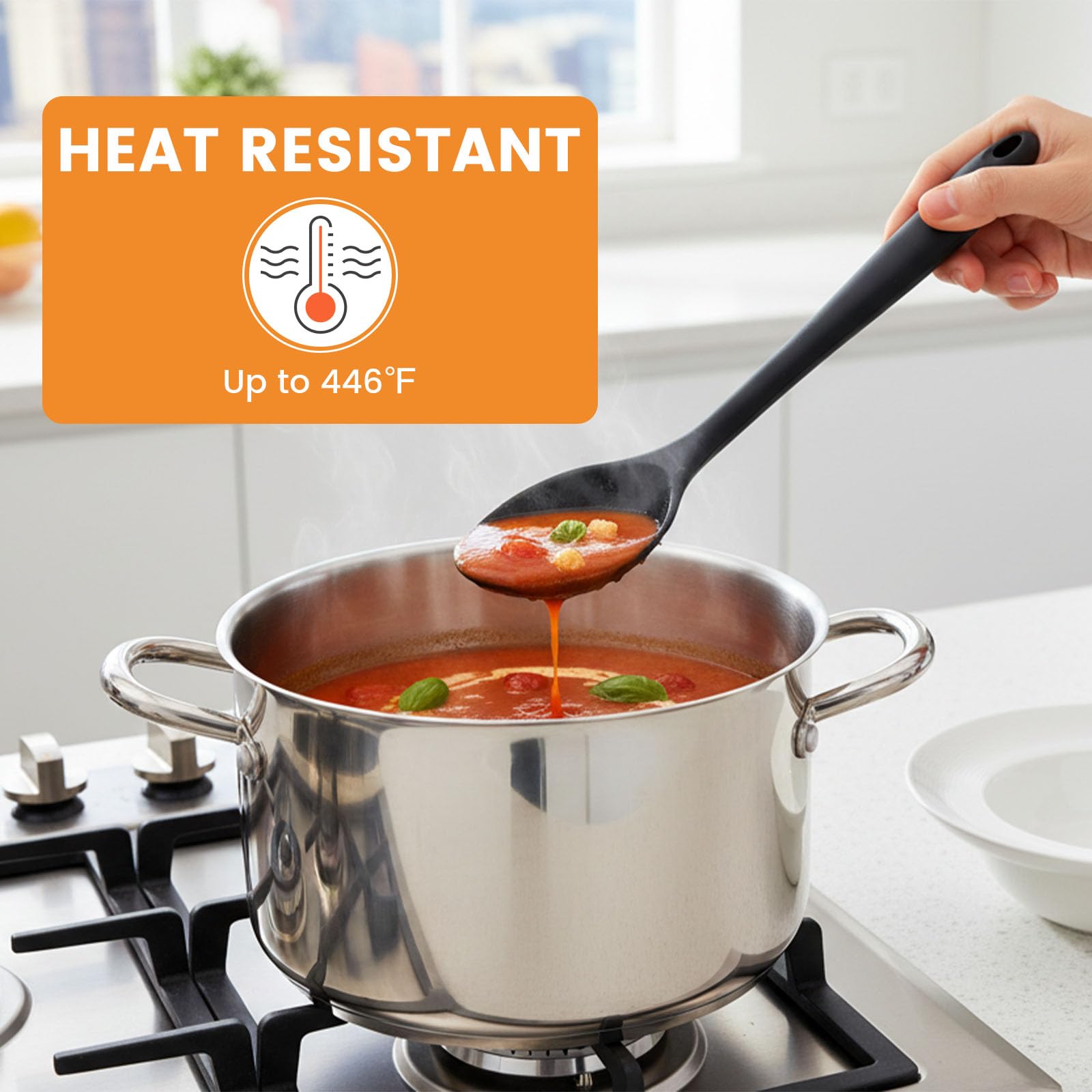 HAKSEN silicone spoons reinforced base—sturdy while stirring thick sauces.