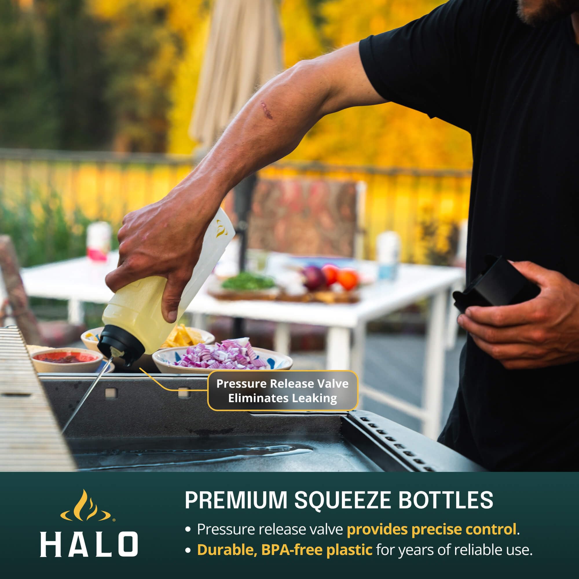 Halo squeeze bottles with leak-proof lid ensure mess-free dispensing and precise control.