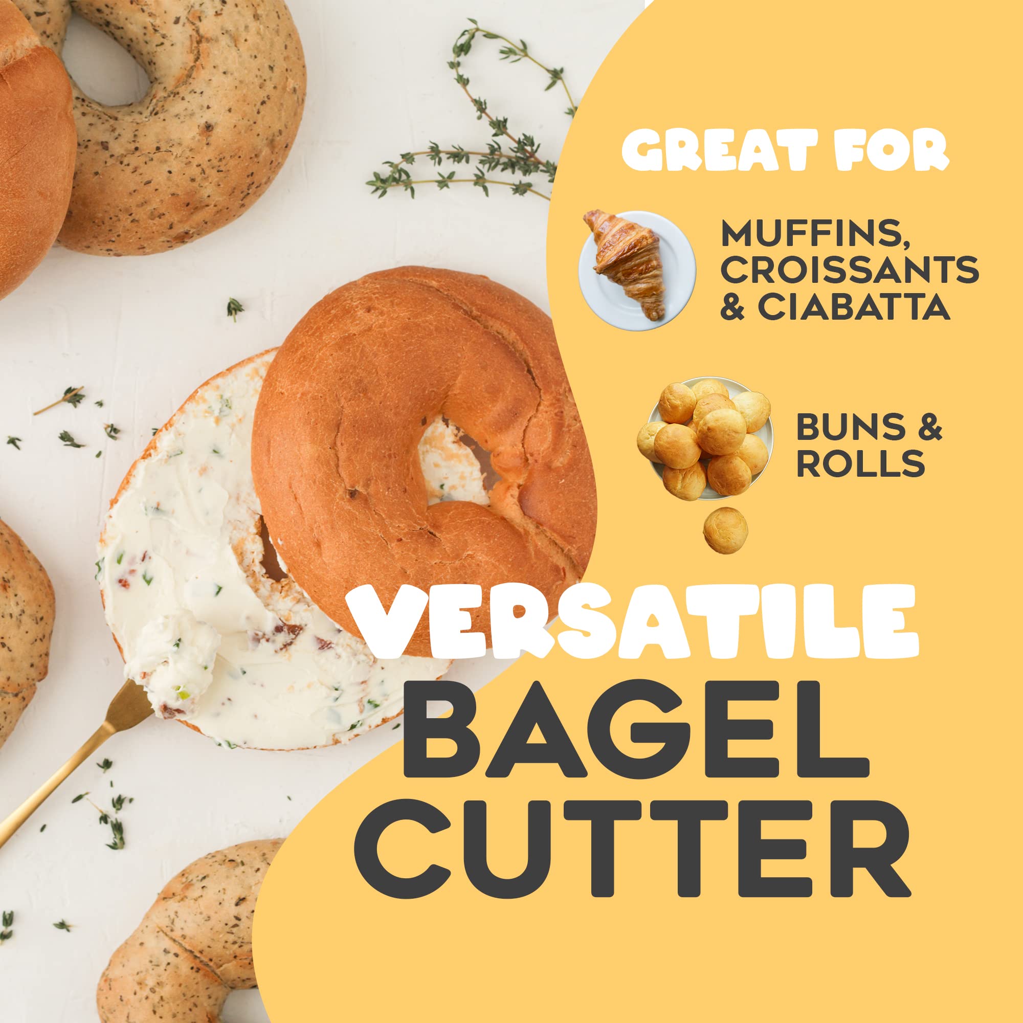 Halve Your Bagel knife highlights clean, controlled slicing.