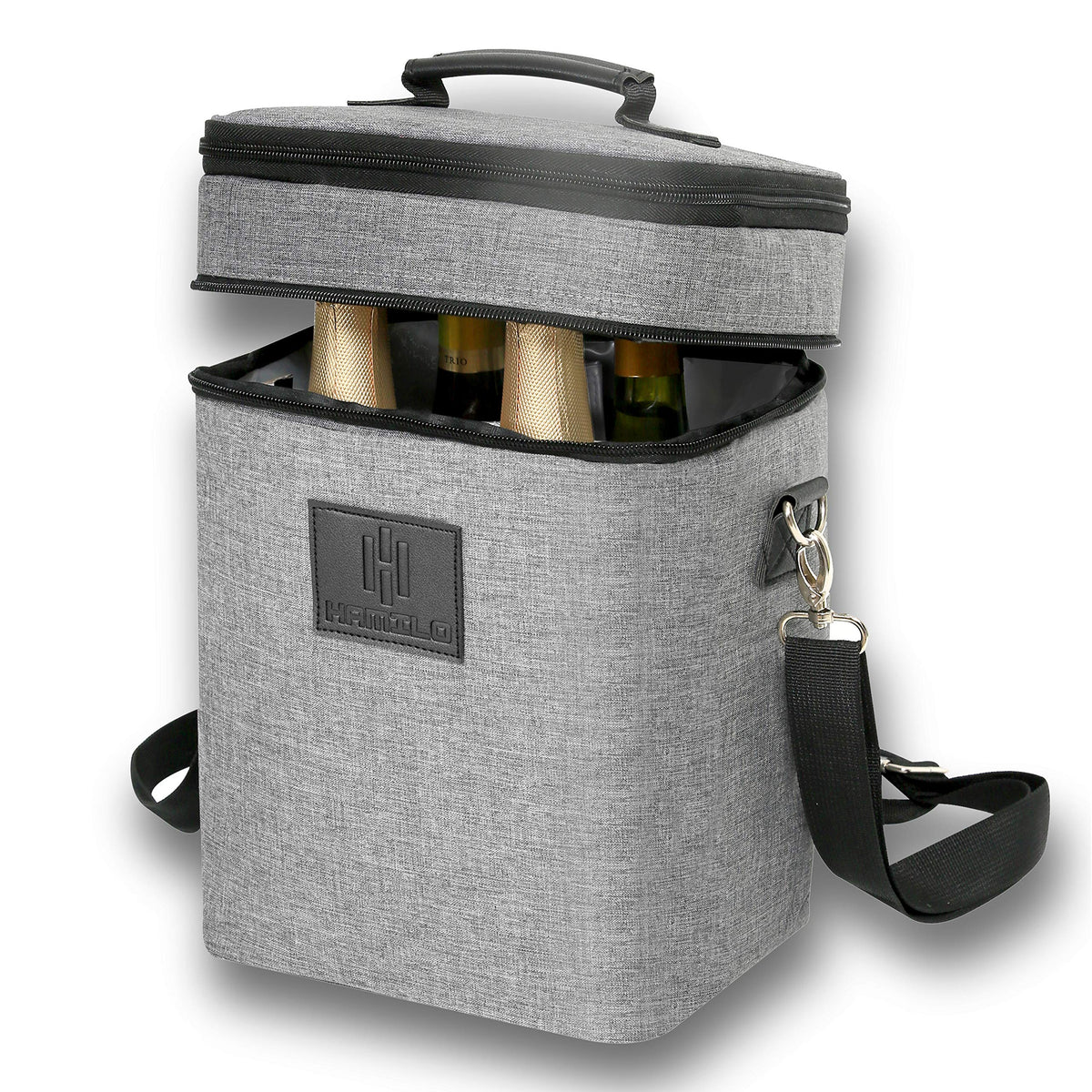 HAMILO 4-bottle wine carrier gray with foam dividers for safe, organized travel.