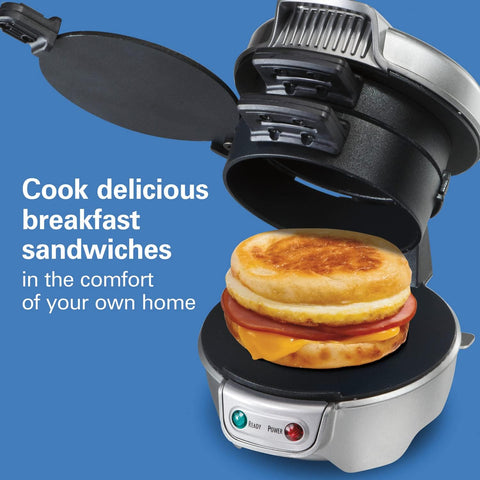 Hamilton Beach egg cooker ring in use for perfectly cooked eggs inside a sandwich