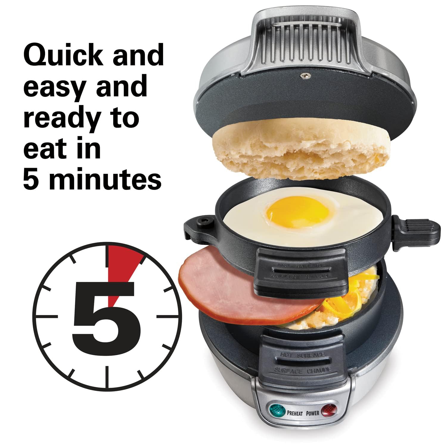 Hamilton Beach breakfast sandwich maker ingredients layer showing breads and fillings