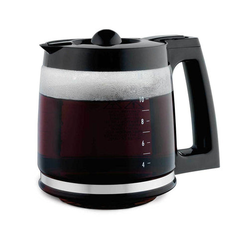 Hamilton Beach carafe with black handle and lid, 12-cup capacity for steady coffee service.