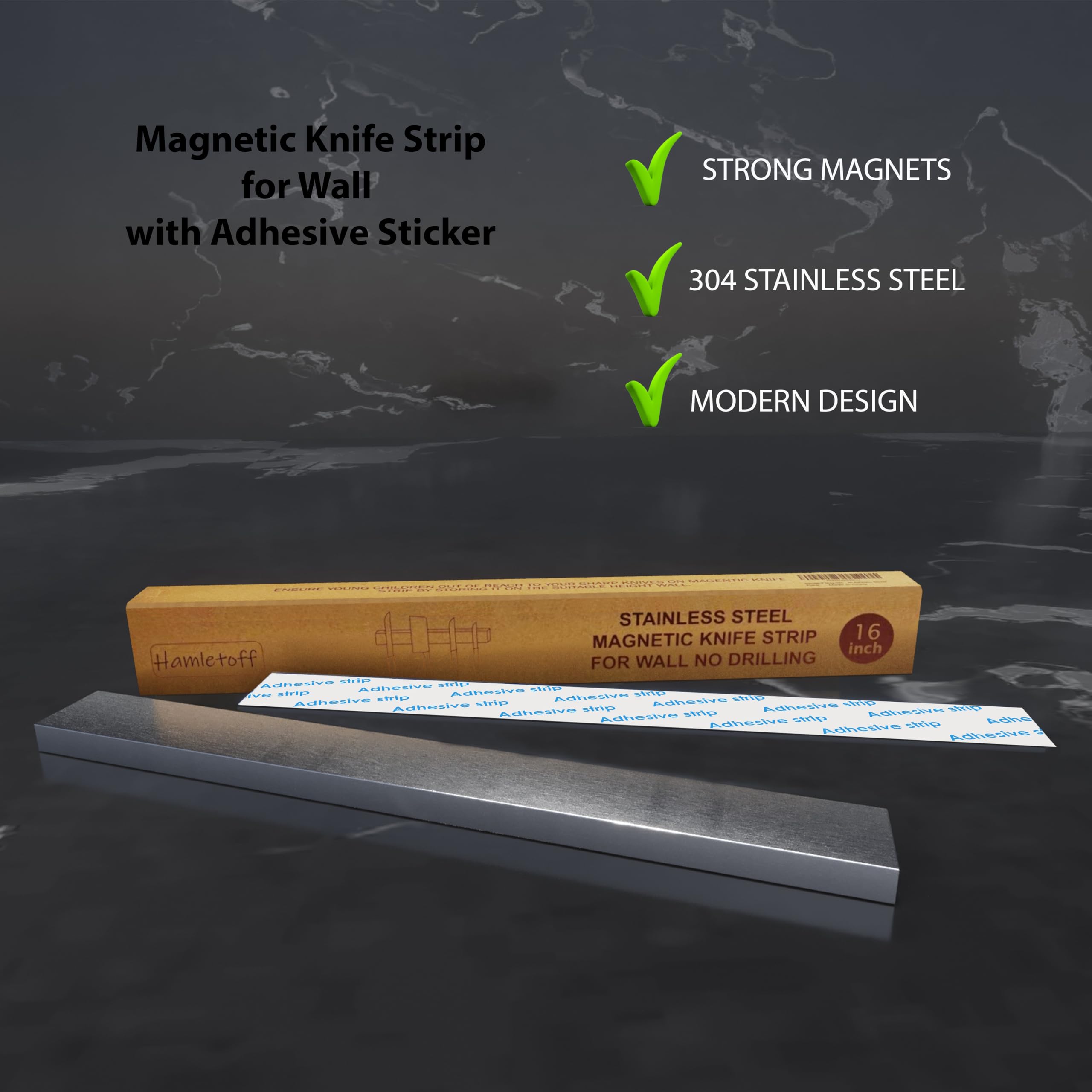 Wall-mounted Hamletoff knife strip in a modern kitchen setting.