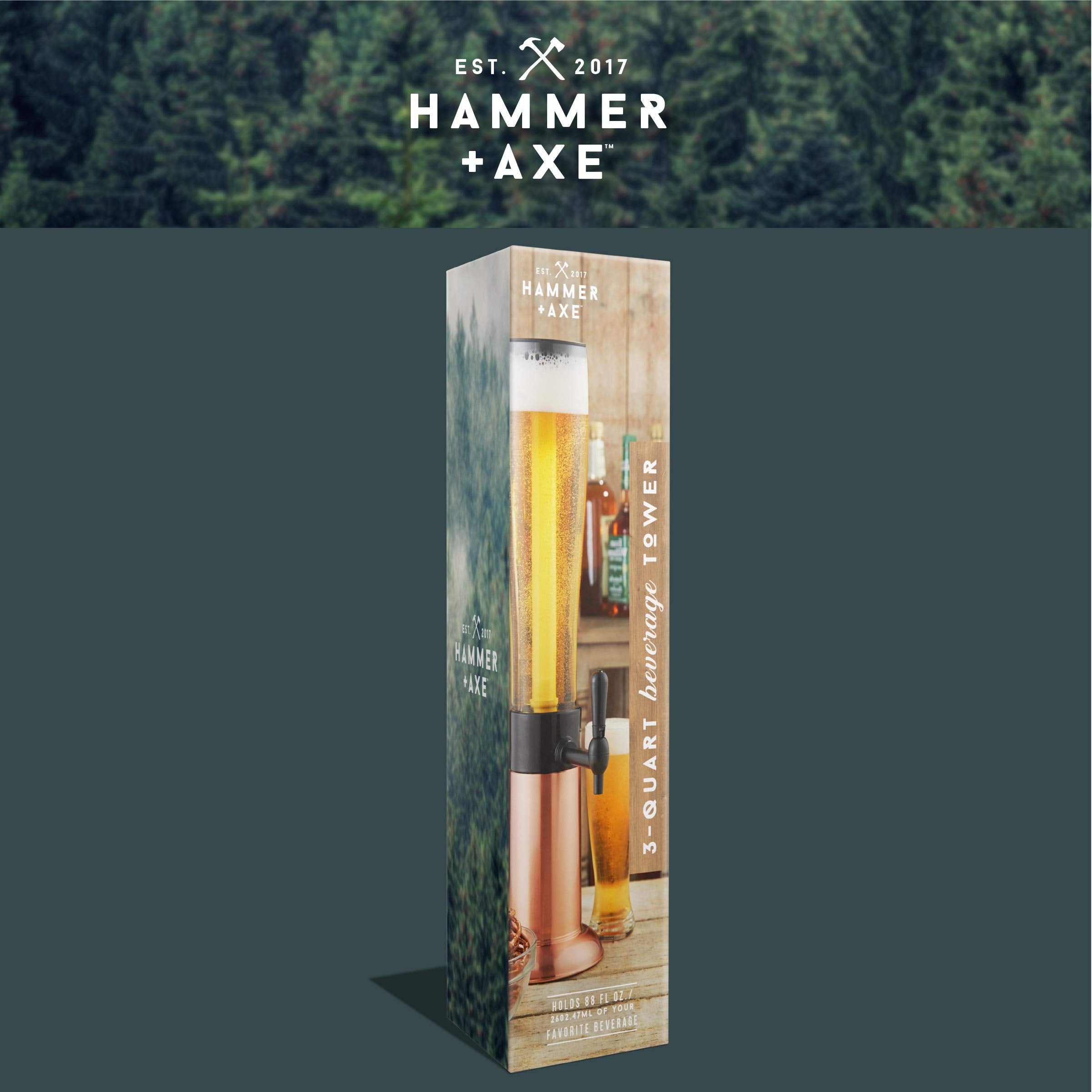 Copper finish on the Hammer + Axe Beverage Dispenser on a bar setup