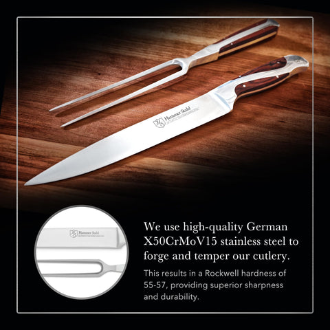 Hammer Stahl carving fork tines ready to pierce meat for smooth slicing