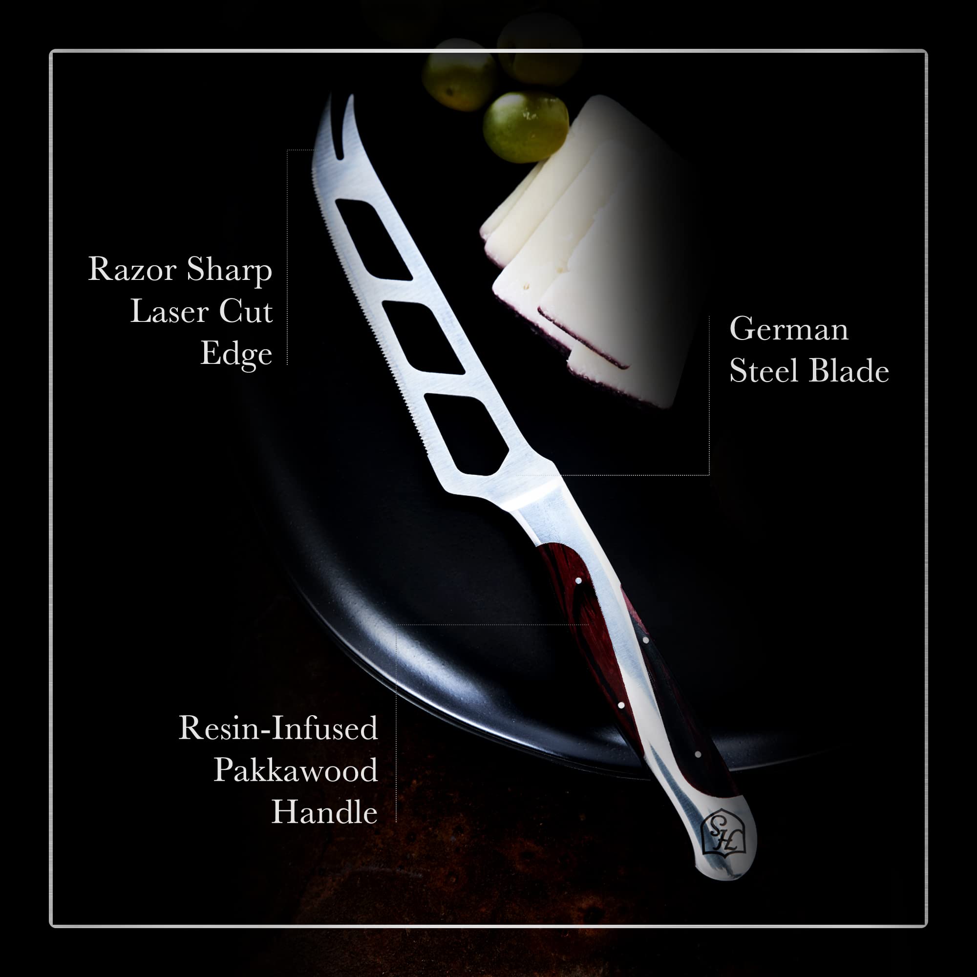 Hammer Stahl perforated blade reduces sticking during cheese serving.