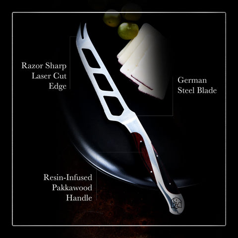 Hammer Stahl perforated blade reduces sticking during cheese serving.
