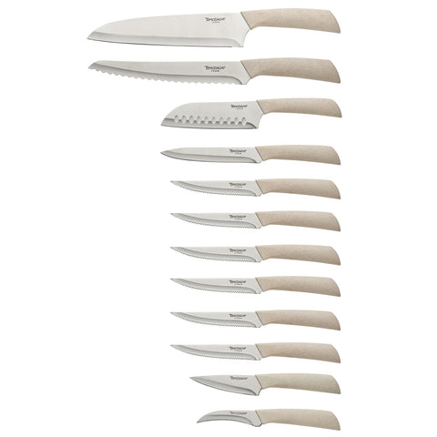 Hampton Forge Harvest 13pc displayed knives and block for easy organized storage.
