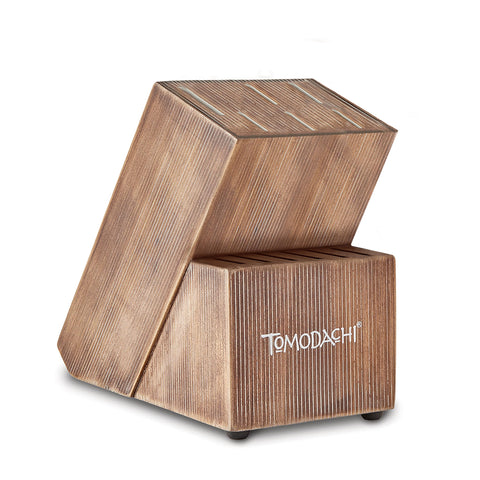 Hampton Forge Harvest acacia wood block closeup highlights natural grain and warm aesthetics.