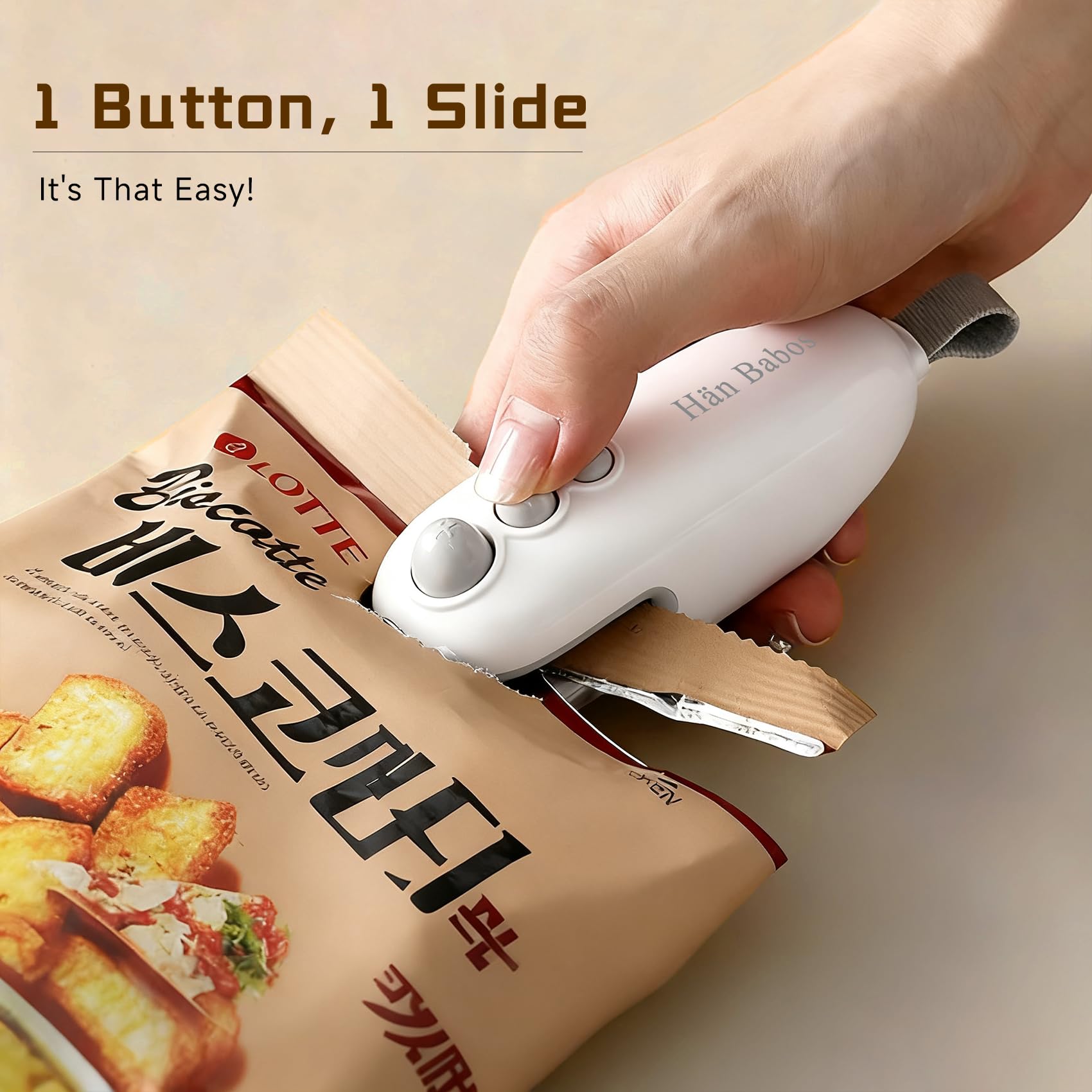 Hän Babos mini bag sealer sealing a chip bag to preserve freshness