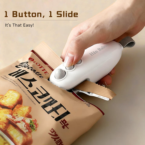 Hän Babos mini bag sealer sealing a chip bag to preserve freshness