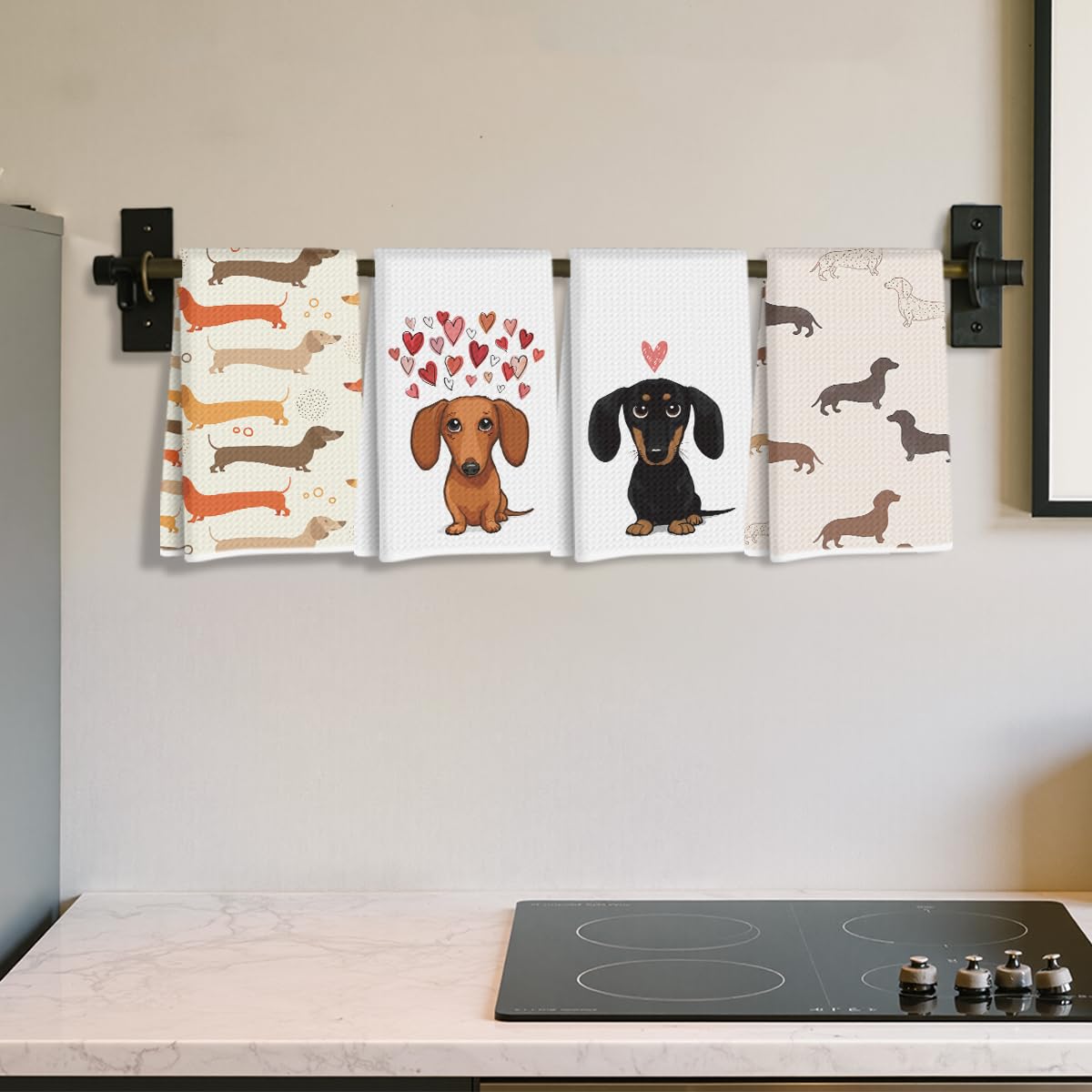 Hanamiya Na dachshund towel hanging on oven handle for easy access