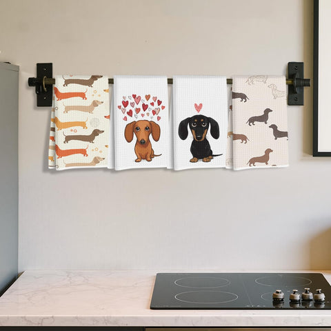 Hanamiya Na dachshund towel hanging on oven handle for easy access