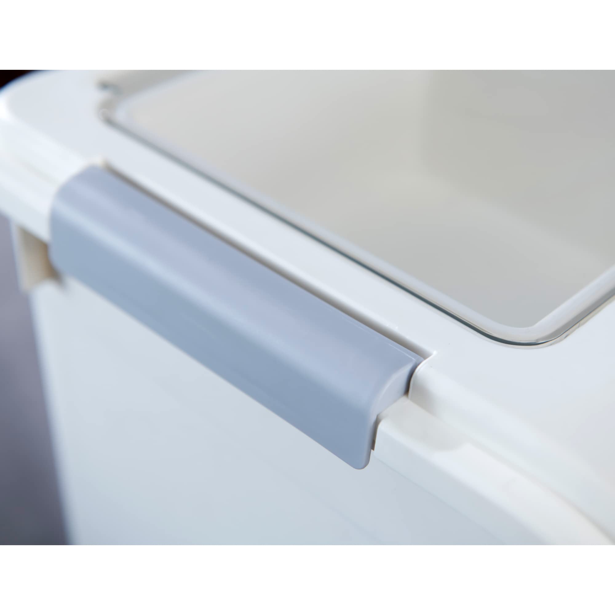 Sleek white container that fits kitchen shelves and pantries