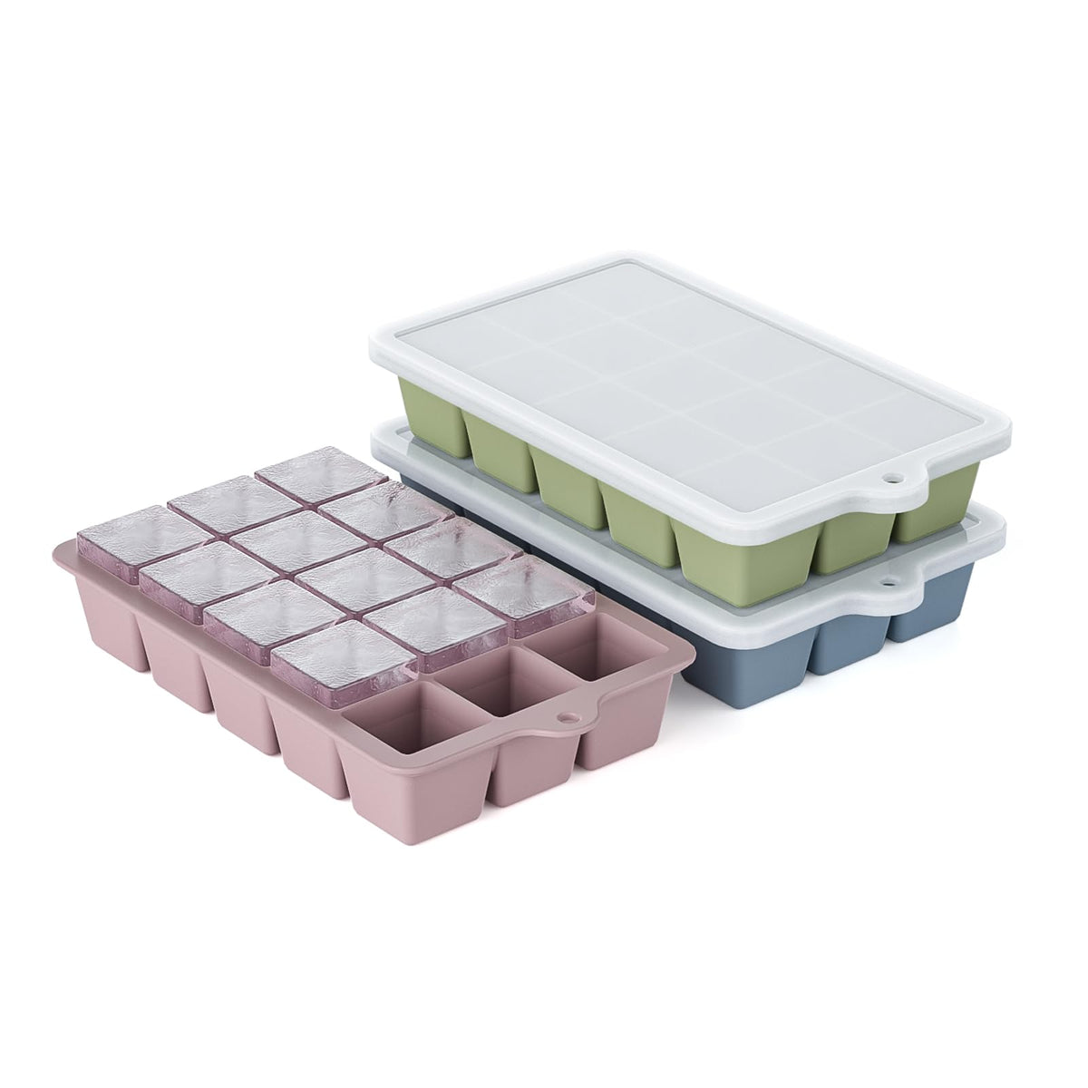 HANCELANT silicone ice cube tray 3-pack with lid for odor-free freezer ice.