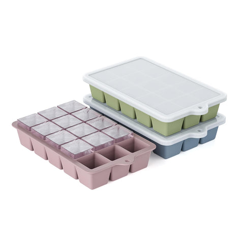 HANCELANT silicone ice cube tray 3-pack with lid for odor-free freezer ice.
