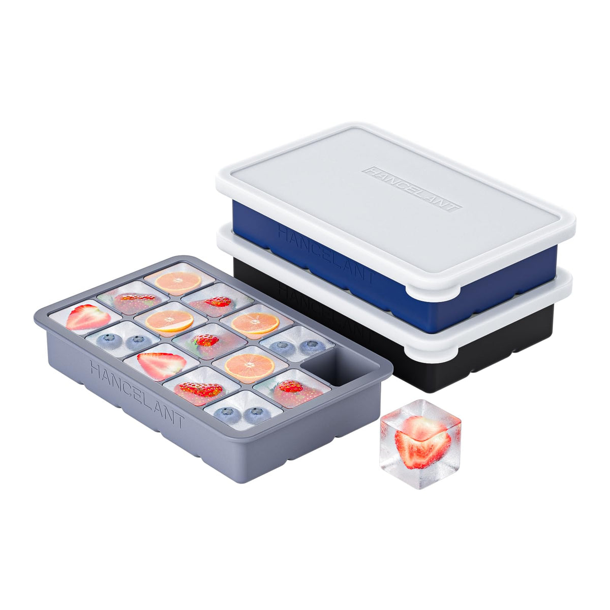 HANCELANT silicone ice cube tray with lid, three-pack, ideal for organized freezing