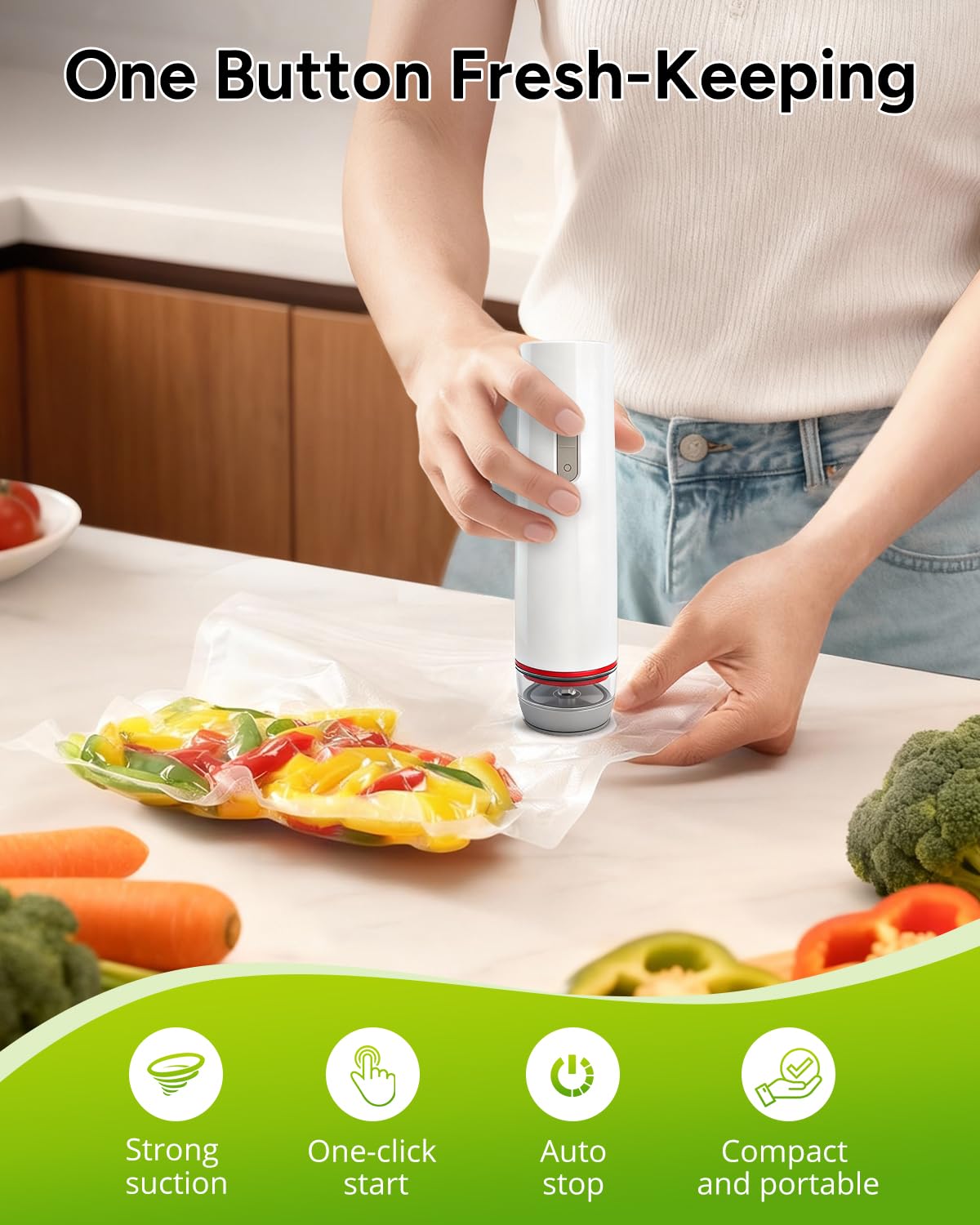 Handheld Vacuum Sealer and reusable bags keep odors in and food fresh longer.