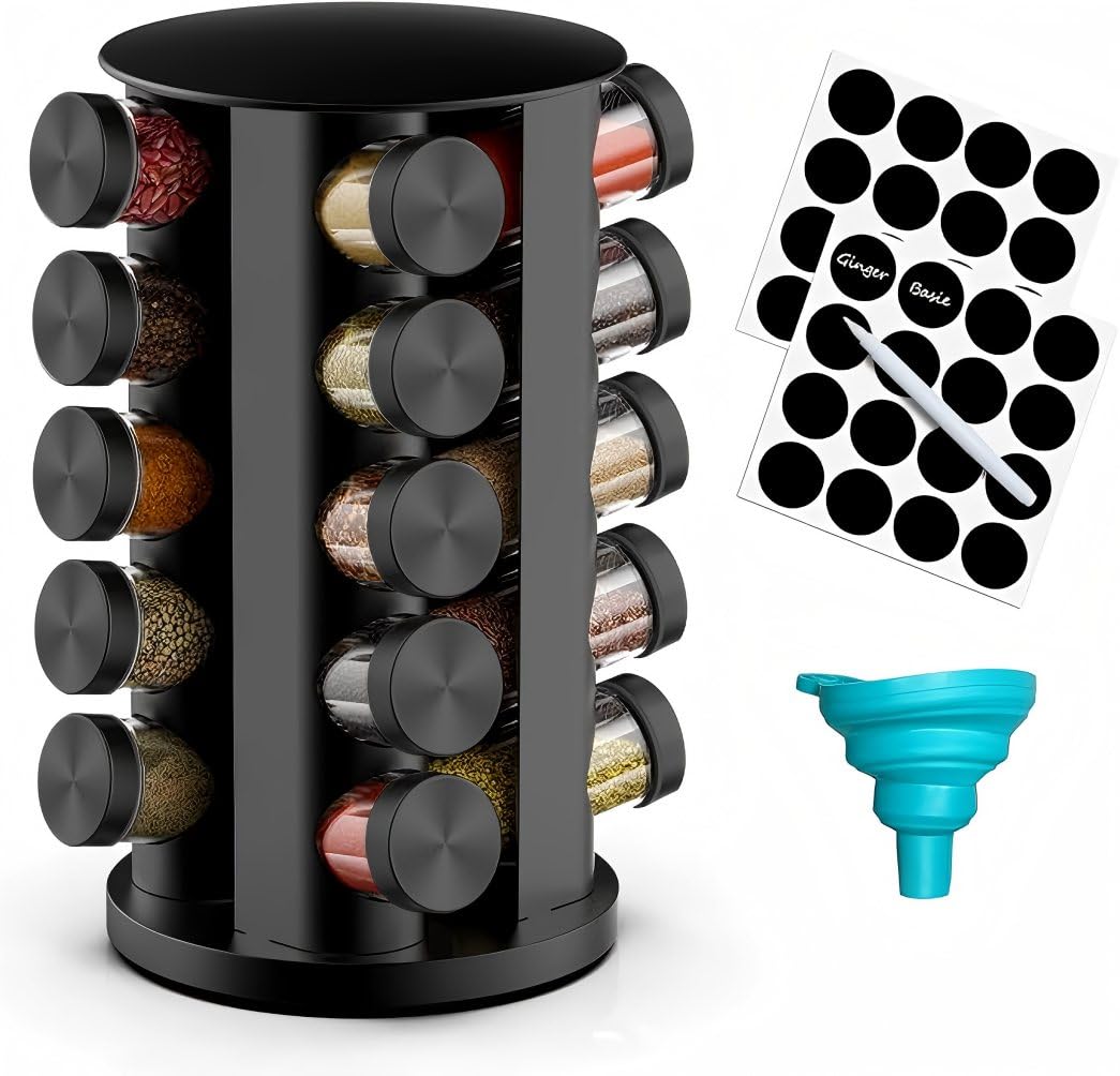 Handisen rotating spice rack on a counter for easy spice access.