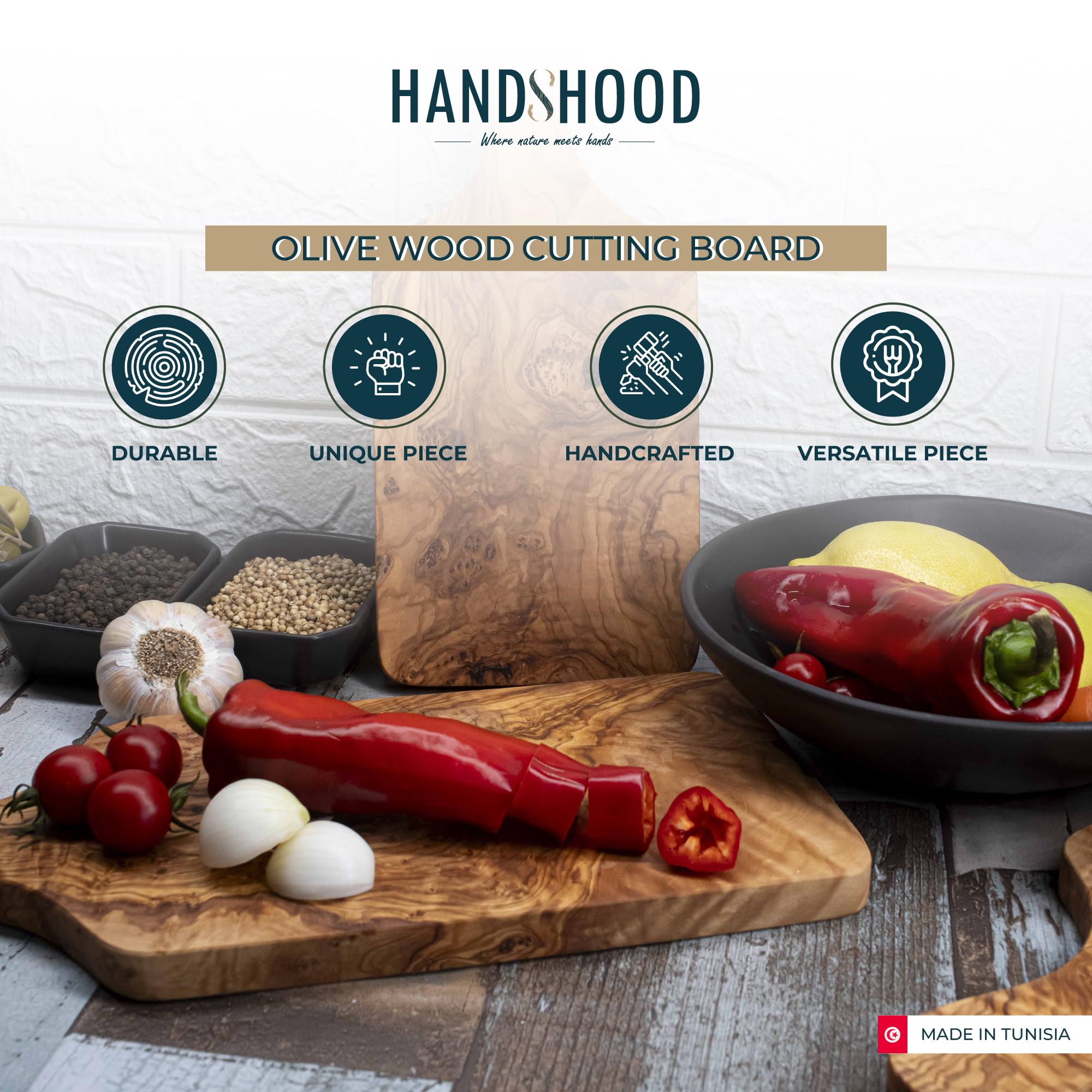 HandsHood cutting board in kitchen and dining area for daily prep.
