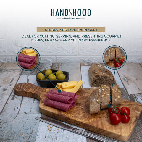 HandsHood olive wood board with cheese and knife showing durable serving surface.