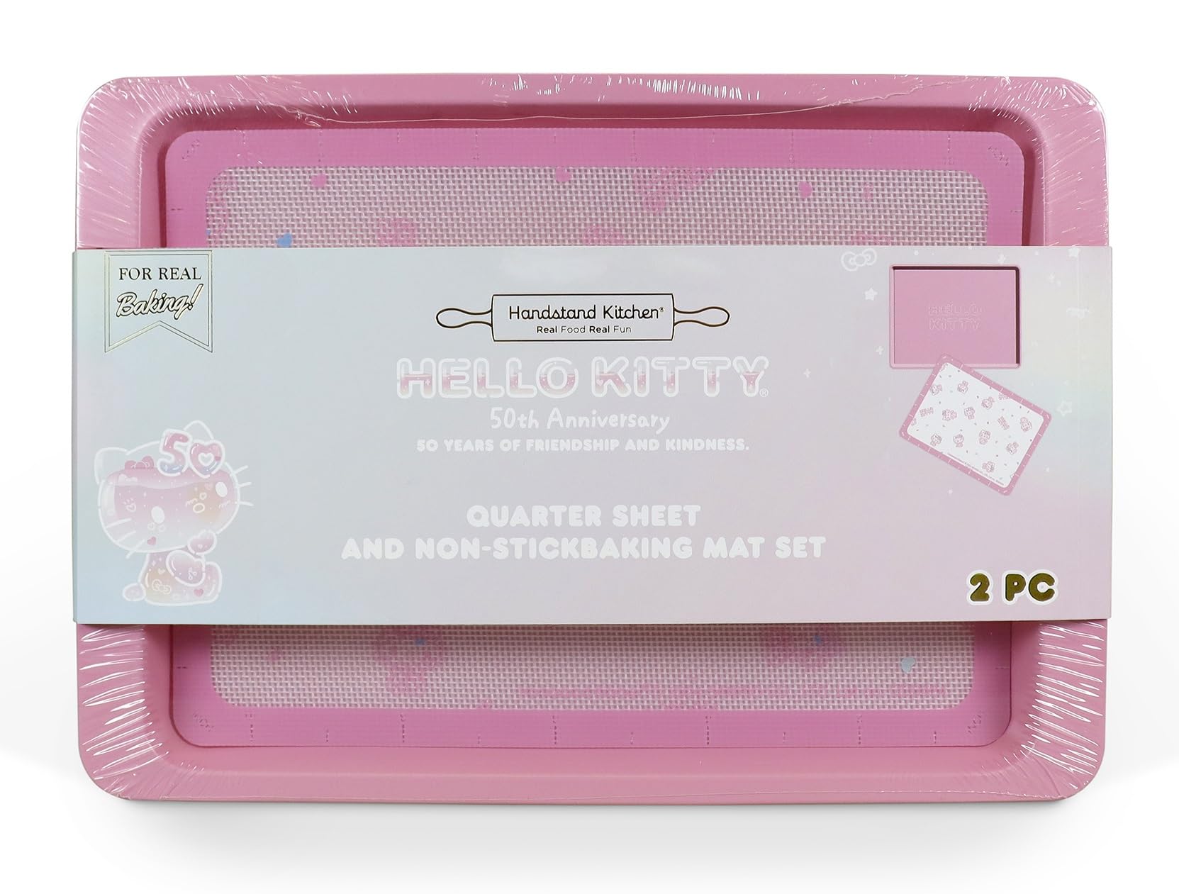 Handstand Kitchen Hello Kitty 50th baking sheet in pink for even, consistent baking.