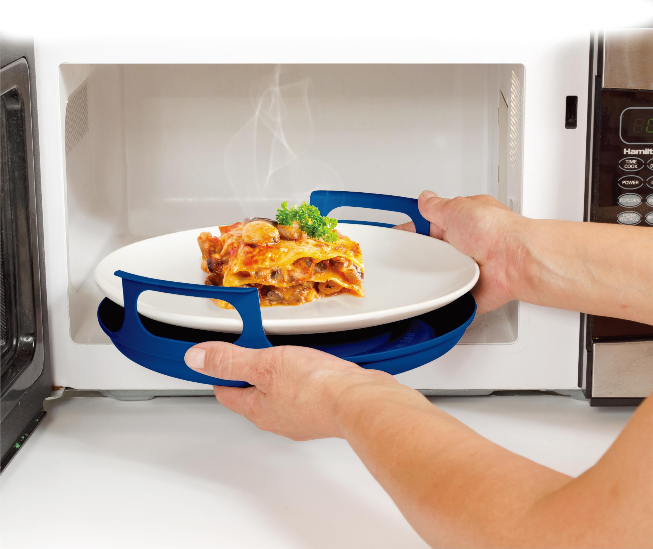 Handy Gourmet dish hugger catches spills, simplifying cleanup after heating meals.