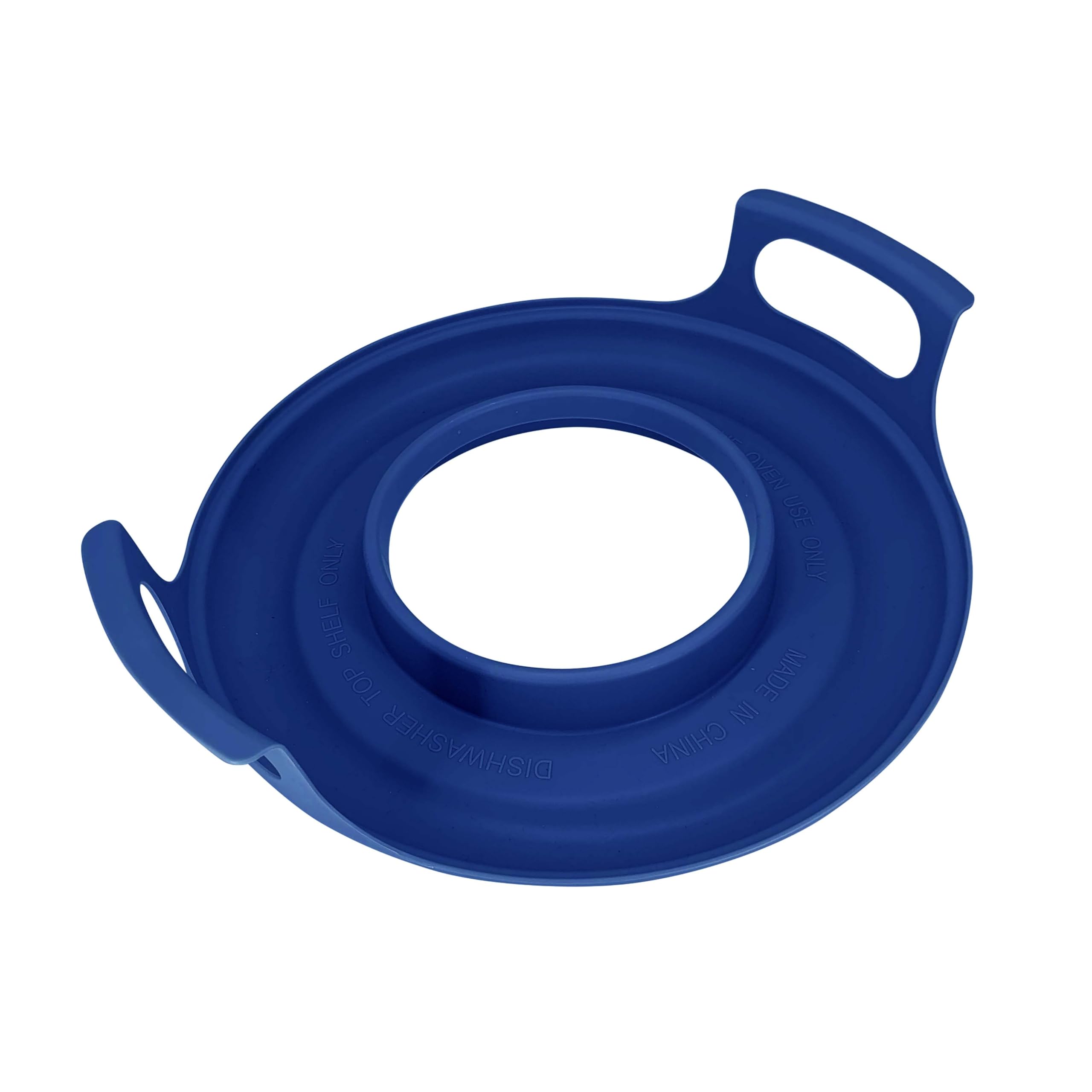 Handy Gourmet Microwave Cool Caddy blue handles demonstrate safe grip for removing hot foods from microwave.